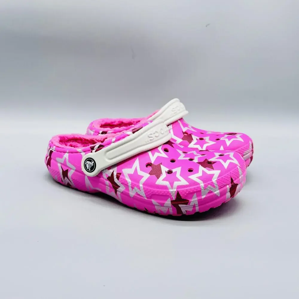 Crocs Shoes Girls 3 Pink Star Classic Lined Fuzzy Clog Slip On Winter Comfort